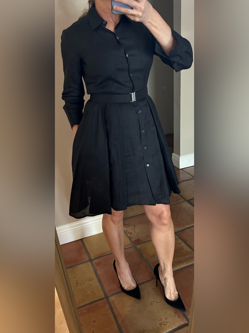 Theory Linen Black Button-Front Circle Skirt with Belt
